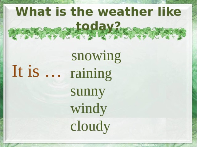 What is the weather like today? It is …  snowing  raining  sunny  windy  cloudy 