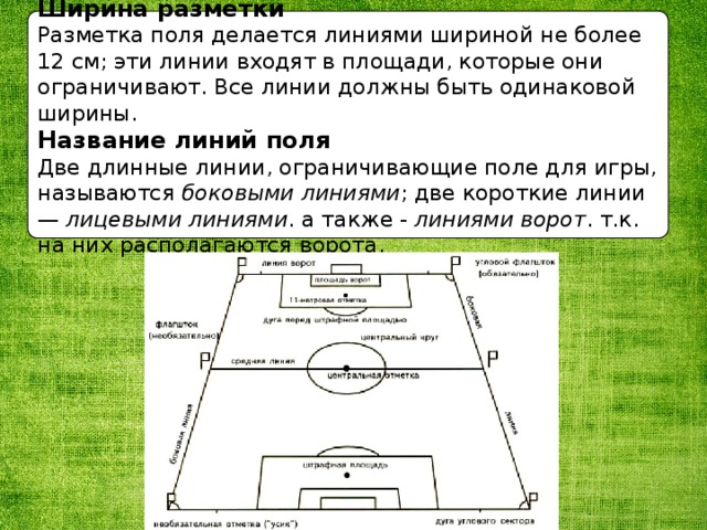 Поле описание. Название линий поля. Разметка поля. Ширина линии разметки поля. Ширина линии спортивной разметки.