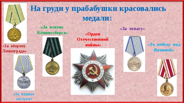 На груди у прабабушки красовались медали: «За взятие Кёнингсберга» «За отвагу» «Орден Отечественной войны» «За победу над Японией» «За оборону Ленинграда» «За боевые заслуги» 