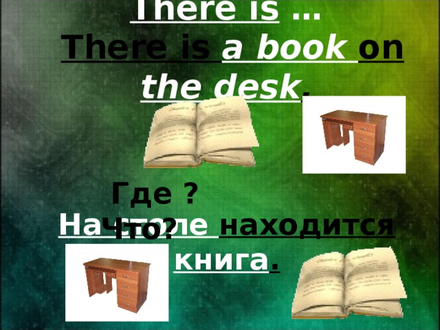 There is …   There is а book on the desk .  Где ? Что? На столе находится книга . 