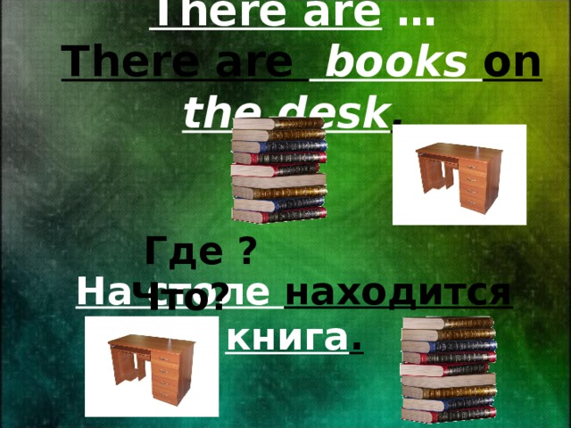 There are …   There are  books on the desk .  Где ? Что? На столе находится книга . 
