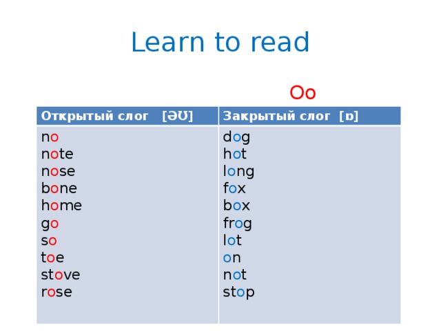 Открытый слог закрыть. Английский язык чтение закрытый слог o. O В открытом слоге английский. Чтение буквы o в английском языке. Чтение o в открытом слоге.