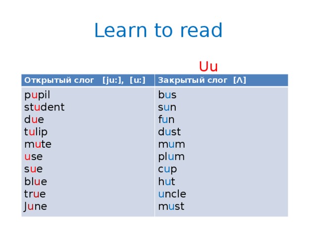 Открытый слог закрыть. Буква u в английском правила чтения. Чтение буквы uu в английском языке. Правила чтения буквы u. U открытый и закрытый слог в английском.