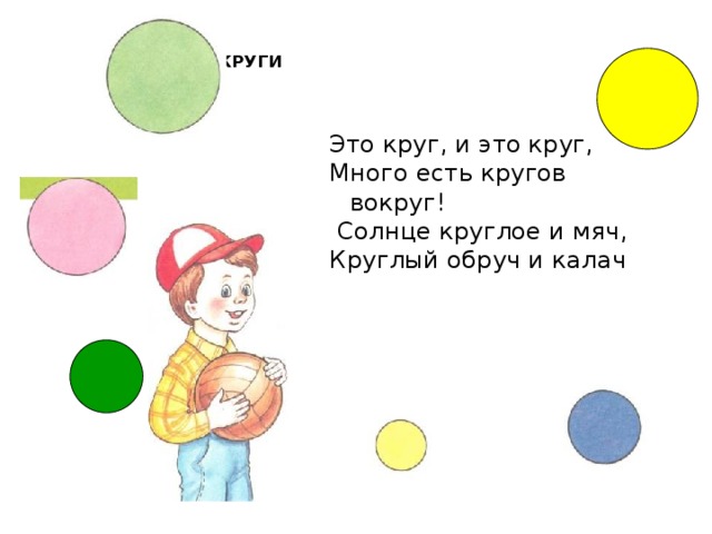  КРУГИ    Это круг, и это круг, Много есть кругов вокруг!  Солнце круглое и мяч, Круглый обруч и калач  