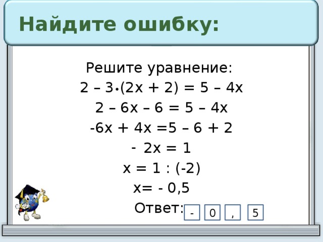Найдите ошибку: Решите уравнение: 2 – 3 • (2х + 2) = 5 – 4х 2 – 6х – 6 = 5 – 4х -6х + 4х =5 – 6 + 2 2х = 1 х = 1 : (-2) х= - 0,5 Ответ: 5 , 0 - 