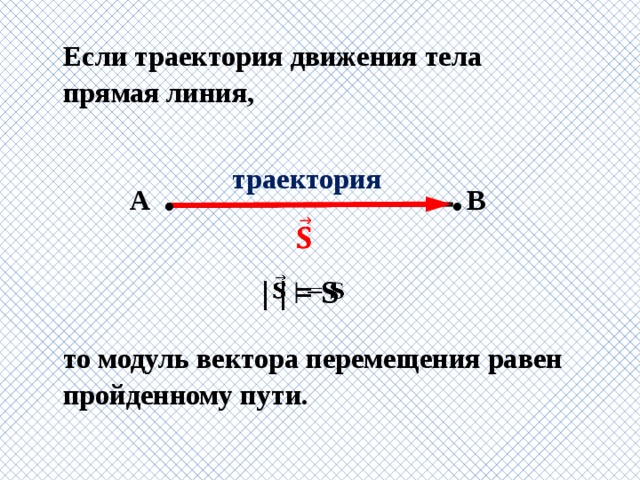 Если траектория движения тела прямая линия,   траектория  В А • •   |  | = S   то модуль вектора перемещения равен пройденному пути. 