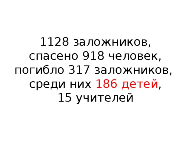 1128 заложников,  спасено 918 человек,  погибло 317 заложников,  среди них 186 детей ,  15 учителей