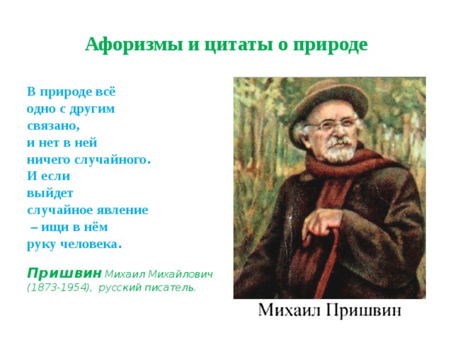 Афоризмы и цитаты о природе В природе всё  одно с другим  связано,  и нет в ней  ничего случайного.  И если  выйдет  случайное явление  – ищи в нём  руку человека.    Пришвин ,  Михаил Михайлович  (1873-1954), русский писатель. 