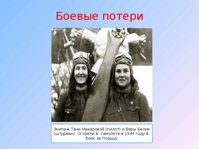 Боевые потери Экипаж Тани Макаровой (пилот) и Веры Белик (штурман). Сгорели в самолёте в 1944 году в боях за Польшу 