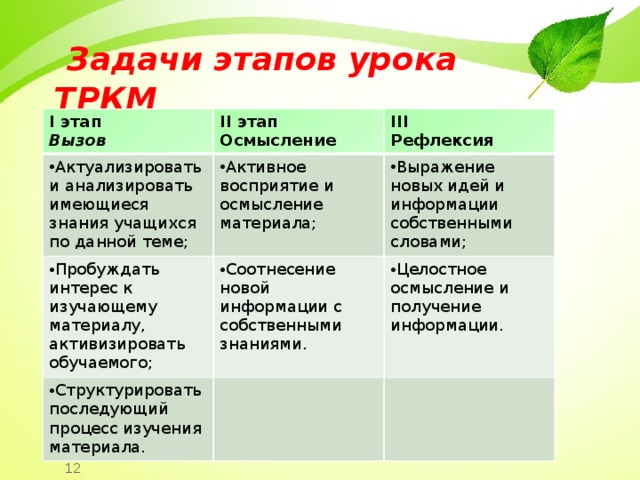  Задачи этапов урока ТРКМ I этап Вызов II этап Актуализировать и анализировать имеющиеся знания учащихся по данной теме; Осмысление III Активное восприятие и осмысление материала; Пробуждать интерес к изучающему материалу, активизировать обучаемого; Рефлексия Соотнесение новой информации с собственными знаниями. Структурировать последующий процесс изучения материала. Выражение новых идей и информации собственными словами; Целостное осмысление и получение информации. 12 