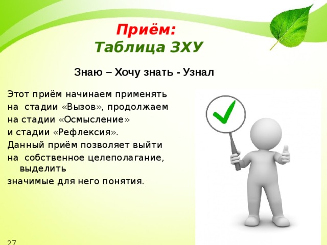 Приём:  Таблица ЗХУ Знаю – Хочу знать - Узнал Этот приём начинаем применять на стадии «Вызов», продолжаем на стадии «Осмысление» и стадии «Рефлексия». Данный приём позволяет выйти на собственное целеполагание, выделить значимые для него понятия. 27 