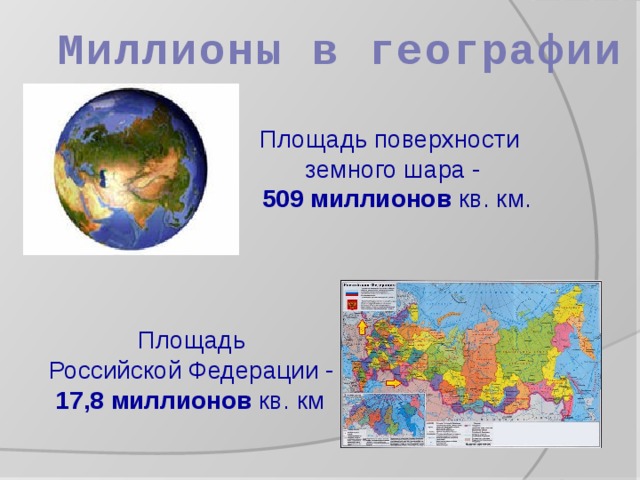 Миллионы в географии Площадь поверхности земного шара -  509 миллионов кв. км.  Площадь Российской Федерации -  17,8 миллионов кв. км
