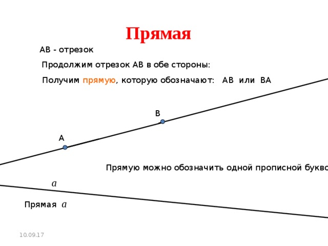 Прямая АВ - отрезок Продолжим отрезок АВ в обе стороны: Получим прямую , которую обозначают: АВ или ВА В А Прямую можно обозначить одной прописной буквой а Прямая а 10.09.17 