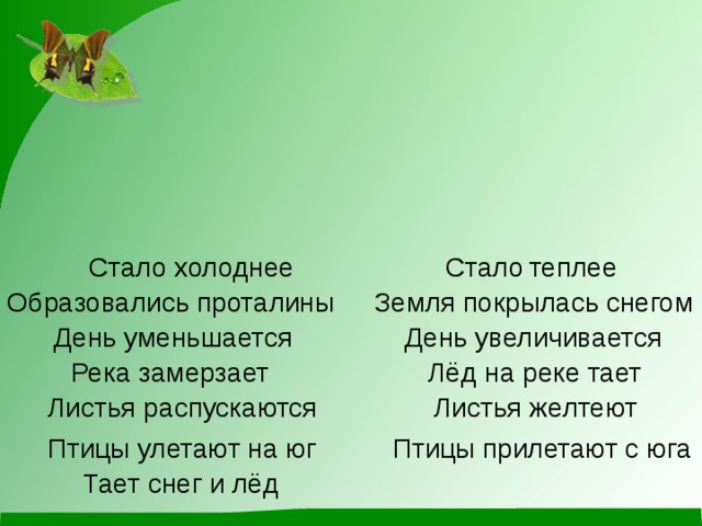 Стало холоднее Стало  теплее Образовались проталины Земля покрылась снегом День уменьшается День увеличивается Река замерзает Лёд на реке тает Листья распускаются Листья желтеют Птицы улетают на юг Птицы прилетают с юга Тает снег и лёд 