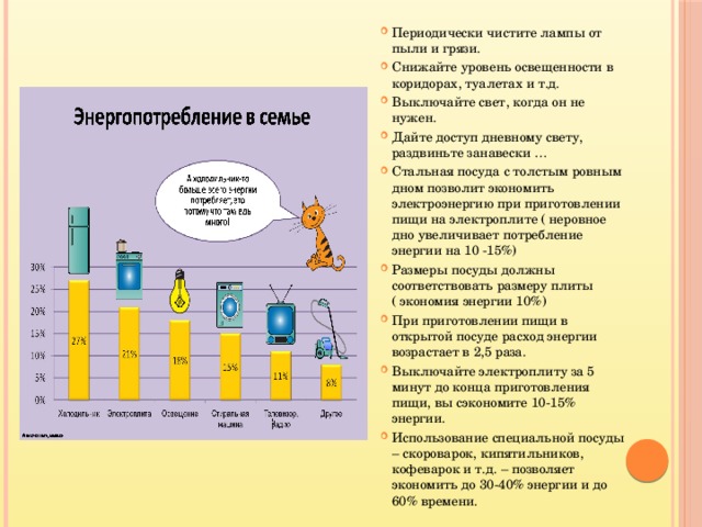 Периодически чистите лампы от пыли и грязи. Снижайте уровень освещенности в коридорах, туалетах и т.д. Выключайте свет, когда он не нужен. Дайте доступ дневному свету, раздвиньте занавески … Стальная посуда с толстым ровным дном позволит экономить электроэнергию при приготовлении пищи на электроплите ( неровное дно увеличивает потребление энергии на 10 -15%) Размеры посуды должны соответствовать размеру плиты ( экономия энергии 10%) При приготовлении пищи в открытой посуде расход энергии возрастает в 2,5 раза. Выключайте электроплиту за 5 минут до конца приготовления пищи, вы сэкономите 10-15% энергии. Использование специальной посуды – скороварок, кипятильников, кофеварок и т.д. – позволяет экономить до 30-40% энергии и до 60% времени. 