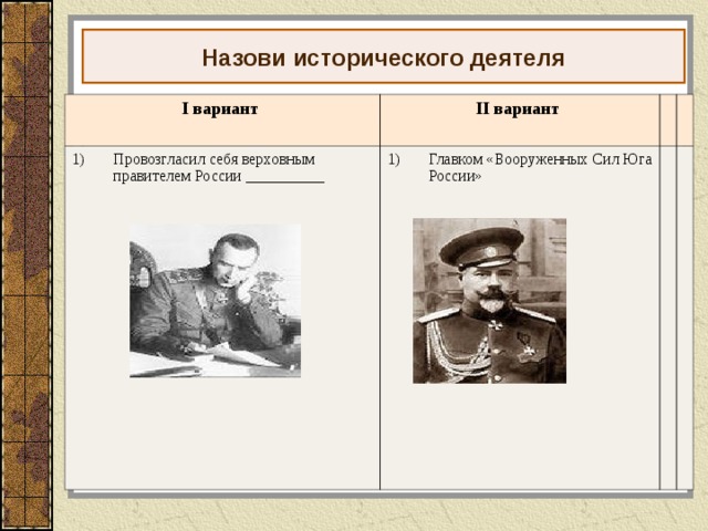 Назови исторического деятеля I вариант  II вариант  Провозгласил себя верховным правителем России __________     Главком «Вооруженных Сил Юга России»    