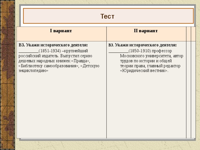 Тест I вариант  II вариант  В3. Укажи исторического деятеля: _________(1851-1934) –крупнейший российский издатель. Выпустил серию дешевых народных книжек «Правда», «Библиотеку самообразования», «Детскую энциклопедию» В3. Укажи исторического деятеля: _________(1850-1910) профессор Московского университета, автор трудов по истории и общей теории права, главный редактор «Юридический вестник». 