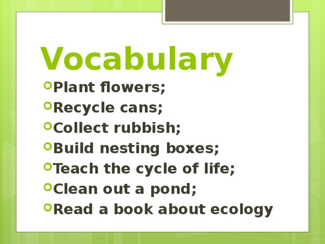 Plant flowers recycle cans collect. Plant Flowers recycle cans collect rubbish build Nesting Boxes. Plant Flowers recycle cans. Read a book about ecology. Clean out the Pond men Eco.