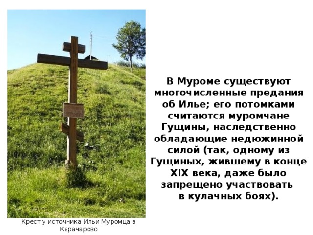 В Муроме существуют многочисленные предания об Илье; его потомками считаются муромчане Гущины, наследственно обладающие недюжинной силой (так, одному из Гущиных, жившему в конце XIX века, даже было запрещено участвовать в кулачных боях). Крест у источника Ильи Муромца в Карачарово