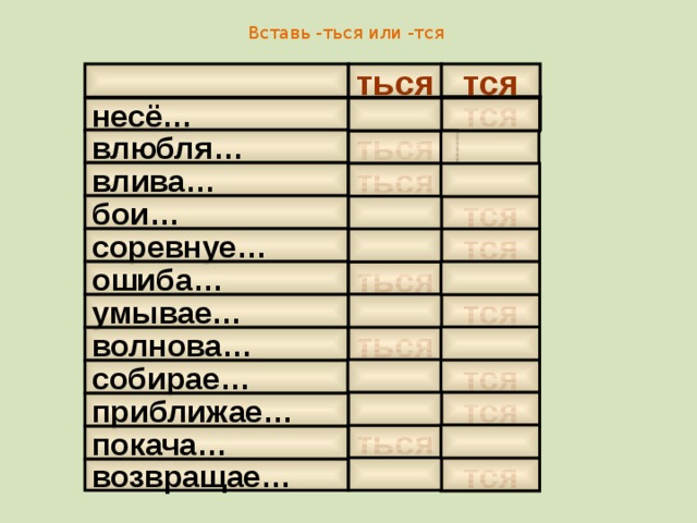 Вставь -ться или -тся тся ться тся несё… ться влюбля… влива…  ться бои… тся соревнуе… тся ться ошиба… тся умывае… ться волнова… тся собирае… тся приближае… ться покача… тся возвращае… 