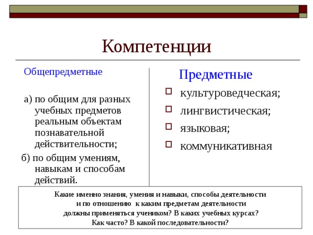 Компетенции  Общепредметные  а) по общим для разных учебных предметов реальным объектам познавательной действительности;  б) по общим умениям, навыкам и способам действий.     Предметные культуроведческая; лингвистическая; языковая; коммуникативная  Какие именно знания, умения и навыки, способы деятельности  и по отношению к каким предметам деятельности  должны применяться учеником? В каких учебных курсах?  Как часто? В какой последовательности? 