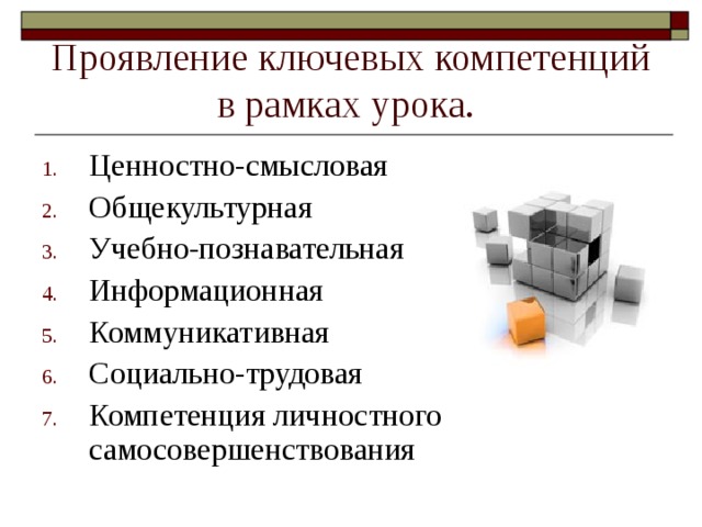 Проявление ключевых компетенций в рамках урока. Ценностно-смысловая Общекультурная Учебно-познавательная Информационная Коммуникативная Социально-трудовая Компетенция личностного самосовершенствования 