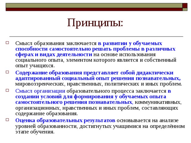 Принципы: Смысл образования заключается в развитии у обучаемых способности самостоятельно решать проблемы в различных сферах и видах деятельности на основе использования социального опыта, элементом которого является и собственный опыт учащихся. Содержание образования представляет собой дидактически адаптированный социальный опыт решения познавательных, мировоззренческих, нравственных, политических и иных проблем. Смысл организации образовательного процесса заключается в создании условий для формирования у обучаемых опыта самостоятельного решения познавательных , коммуникативных, организационных, нравственных и иных проблем, составляющих содержание образования. Оценка образовательных результатов основывается на анализе уровней образованности, достигнутых учащимися на определённом этапе обучения. 