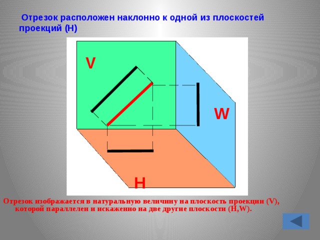  Отрезок расположен наклонно к одной из плоскостей проекций (Н) V W Отрезок изображается в натуральную величину на плоскость проекции (V), которой параллелен и искаженно на две другие плоскости (H,W). H 