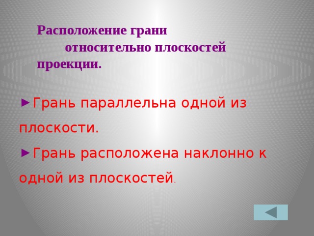 Расположение грани  относительно плоскостей проекции. Грань параллельна одной из плоскости. Грань расположена наклонно к одной из плоскостей . 