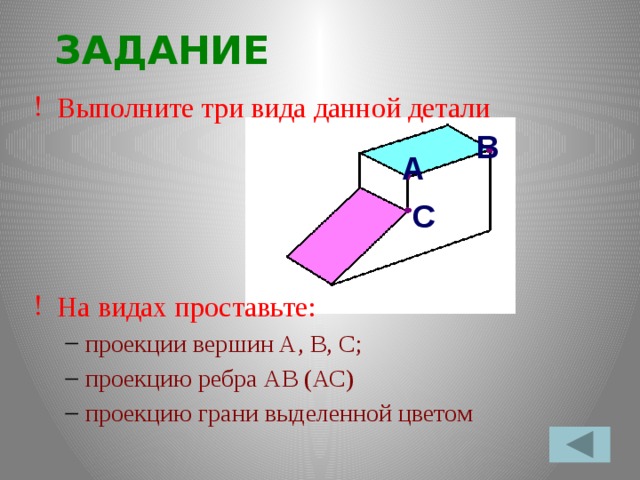ЗАДАНИЕ Выполните три вида данной детали На видах проставьте: проекции вершин А, В, С; проекцию ребра АВ (АС) проекцию грани выделенной цветом проекции вершин А, В, С; проекцию ребра АВ (АС) проекцию грани выделенной цветом B A C 