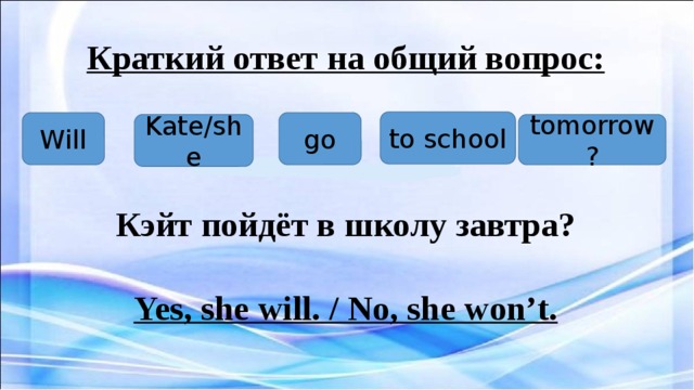 Краткий ответ на общий вопрос:     Кэйт пойдёт в школу завтра?   Yes, she will. / No, she won’t. to school go Will Kate/she tomorrow? 