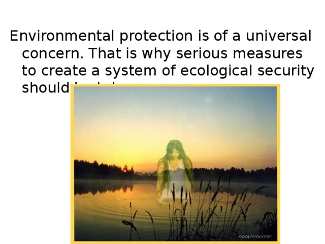 Environmental protection is of a universal concern. That is why serious measures to create a system of ecological security should be taken. 
