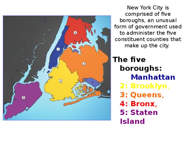 New York City is comprised of five boroughs, an unusual form of government used to administer the five constituent counties that make up the city. The five boroughs:  1:  Manhattan ,  2: Brooklyn ,  3: Queens ,  4: Bronx ,  5: Staten Island 