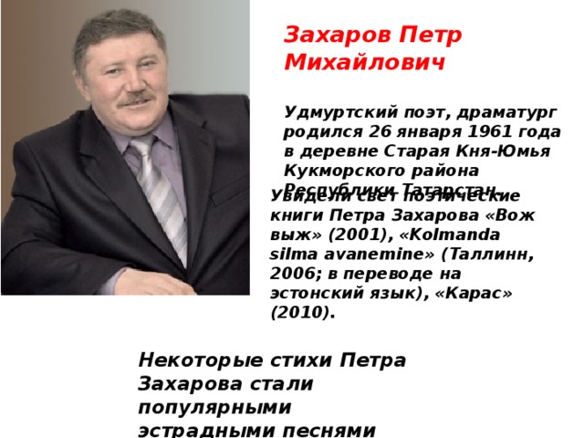 Захаров Петр Михайлович  Удмуртский поэт, драматург родился 26 января 1961 года в деревне Старая Кня-Юмья Кукморского района Республики Татарстан. Увидели свет поэтические книги Петра Захарова «Вож выж» (2001), «Kolmanda silma avanemine» (Таллинн, 2006; в переводе на эстонский язык), «Карас» (2010). Некоторые стихи Петра Захарова стали популярными эстрадными песнями 