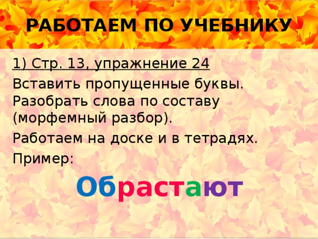 РАБОТАЕМ ПО УЧЕБНИКУ 1) Стр. 13, упражнение 24 Вставить пропущенные буквы. Разобрать слова по составу (морфемный разбор). Работаем на доске и в тетрадях. Пример: Об раст а ют 