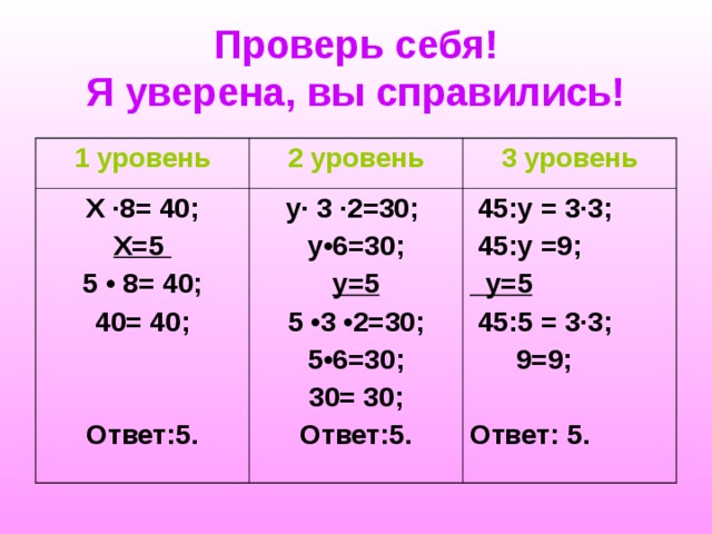 Проверь себя!  Я уверена, вы справились! 1 уровень 2 уровень Х ∙8= 40; X=5  5 • 8=  40 ; 40=  40 ;   Ответ:5. 3 уровень y ∙ 3 ∙2=30;  y •6=30 ; y=5 5 •3 •2=30 ; 5•6=30 ; 30=  30 ; Ответ:5.  45:у = 3∙3;  45:у =9;  y=5  45: 5 = 3∙3;  9=9 ;  Ответ: 5. 