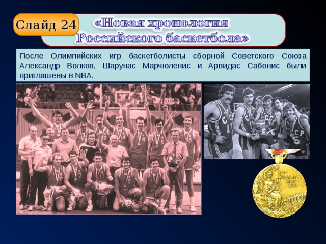 Слайд 24 После Олимпийских игр баскетболисты сборной Советского Союза Александр Волков, Шарунас Марчюленис и Арвидас Сабонис были приглашены в NBA.