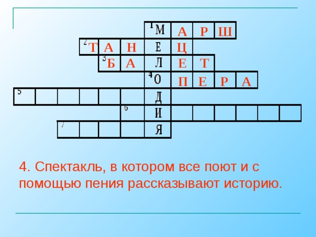 А Р Ш  Т А Н Ц  Б А Е Т  П Е Р А 4. Спектакль, в котором все поют и с помощью пения рассказывают историю.