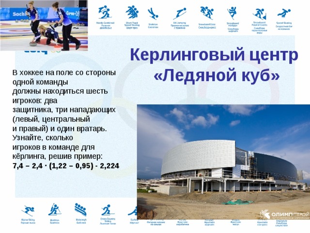 Керлинговый центр  «Ледяной куб» В хоккее на поле со стороны одной команды должны находиться шесть игроков: два защитника, три нападающих (левый, центральный и правый) и один вратарь. Узнайте, сколько игроков в команде для кёрлинга, решив пример: 7,4 – 2,4 · (1,22 – 0,95) - 2,224 