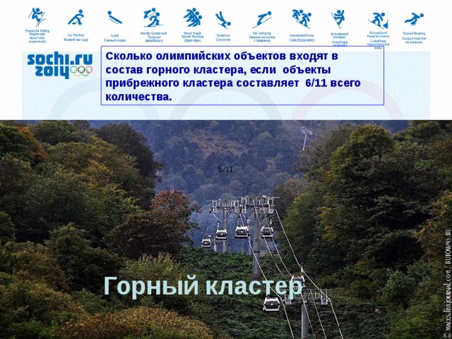           Горный кластер  Сколько олимпийских объектов входят в состав горного кластера, если объекты прибрежного кластера составляет 6/11 всего количества.  