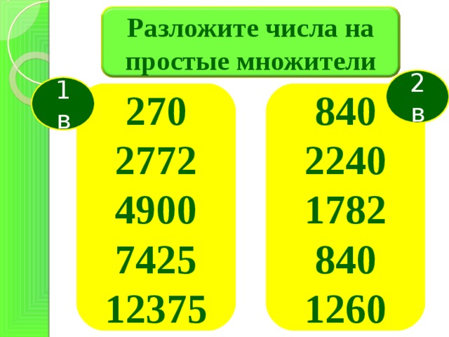 Разложите числа на простые множители 2 в 1 в 270 2772 4900 7425 12375  840 2240 1782 840 1260  