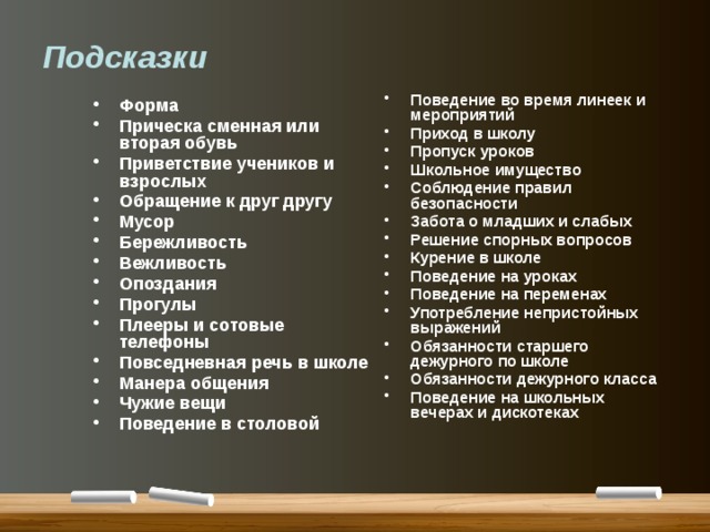 Подсказки   Поведение во время линеек и мероприятий Приход в школу Пропуск уроков Школьное имущество Соблюдение правил безопасности Забота о младших и слабых Решение спорных вопросов Курение в школе Поведение на уроках Поведение на переменах Употребление непристойных выражений Обязанности старшего дежурного по школе Обязанности дежурного класса Поведение на школьных вечерах и дискотеках  Форма Прическа сменная или вторая обувь Приветствие учеников и взрослых Обращение к друг другу Мусор Бережливость Вежливость Опоздания Прогулы Плееры и сотовые телефоны Повседневная речь в школе Манера общения Чужие вещи Поведение в столовой  