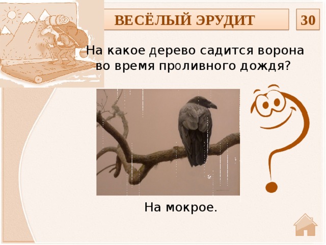 ВЕСЁЛЫЙ ЭРУДИТ 30 На какое д ерево садится ворона во время пр о ливного дождя? На мокрое.  