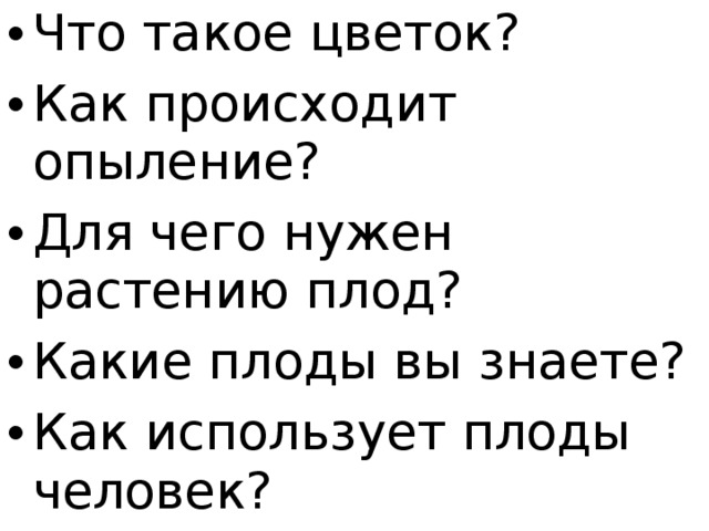 Что такое цветок? Как происходит опыление? Для чего нужен растению плод? Какие плоды вы знаете? Как использует плоды человек?  