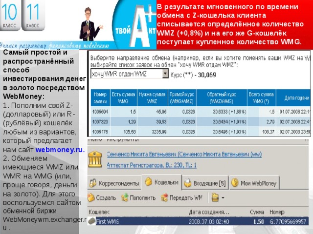 В результате мгновенного по времени обмена с Z-кошелька клиента списывается определённое количество WMZ (+0,8%) и на его же G-кошелёк поступает купленное количество WMG. Логотип Самый простой и распространённый способ инвестирования денег в золото посредством WebMoney: 1. Пополним свой Z- (долларовый) или R- (рублёвый) кошелёк любым из вариантов, который предлагает нам сайт webmoney.ru. 2. Обменяем имеющиеся WMZ или WMR на WMG (или, проще говоря, деньги на золото). Для этого воспользуемся сайтом обменной биржи WebMoneywm.exchanger.ru . 