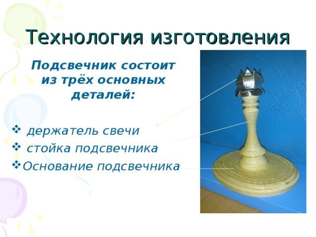 Технология изготовления  Подсвечник состоит из трёх основных деталей:  держатель свечи  стойка подсвечника Основание подсвечника 