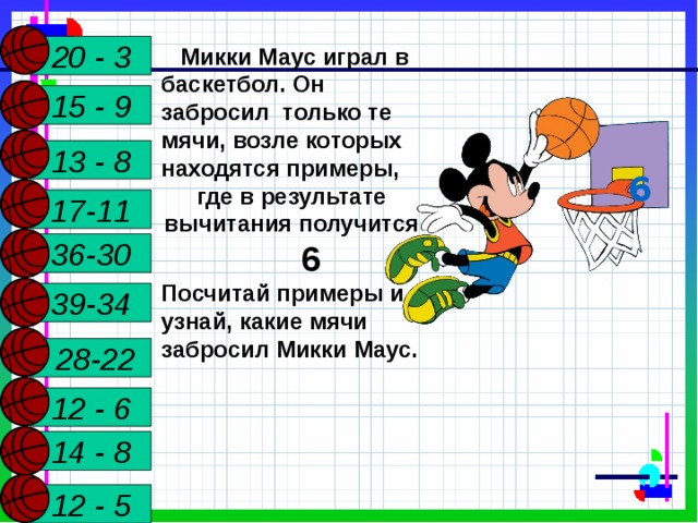 20 - 3  Микки Маус играл в баскетбол. Он забросил только те мячи, возле которых находятся примеры, где в результате вычитания получится 6 Посчитай примеры и узнай, какие мячи забросил Микки Маус.  15 - 9 13 - 8 6 17-11 36-30 39-34  28-22 12 - 6 14 - 8  12 - 5  