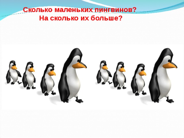 Сколько маленьких пингвинов?  На сколько их больше? 
