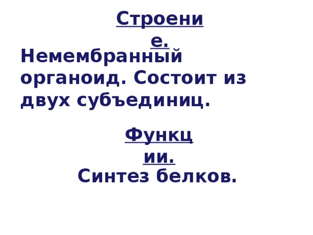 Строение. Немембранный органоид. Состоит из двух субъединиц. Функции. Синтез белков. 