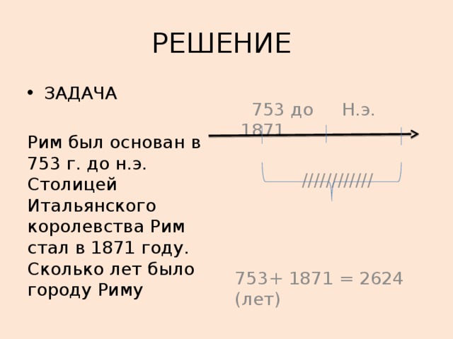 РЕШЕНИЕ ЗАДАЧА  753 до Н.э. 1871 Рим был основан в 753 г. до н.э. Столицей Итальянского королевства Рим стал в 1871 году. Сколько лет было городу Риму  //////////// 753+ 1871 = 2624 (лет) 